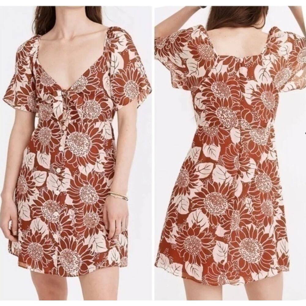 Madewell Women's Silk Tie Front Mini Dress Sun Flower Print Sz 8 NEW